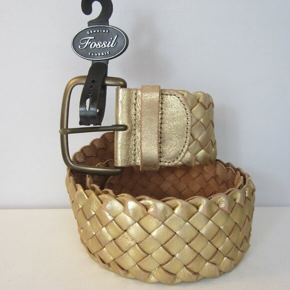 New Fossil Women Medium Gold Metallic Leather Woven Wide Belt Brass Buckle NWT main image 7